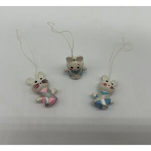 VINTAGE LOT OF 3 SMALL WOOD WOODEN PAINTED CHRISTMAS MICE ORNAMENT MOUSE HOLIDAY